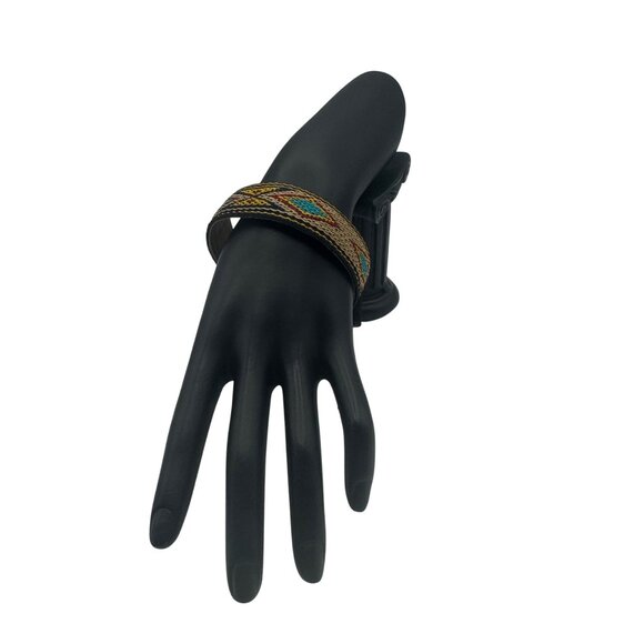 Woven Adjustable Bracelet Tribal Pattern Multicolor Brown Yellow Buckle Closure - Picture 1 of 7